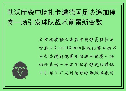勒沃库森中场扎卡遭德国足协追加停赛一场引发球队战术前景新变数